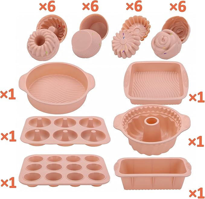 Silicone Baking Pans Set:30 in 1 Cake Baking Sheets,Cake Pans Sets for Baking Stable and Easy Demoulding,Donut Pan for Baking,Mini Bundt Cake Pans for Baking (Pink)