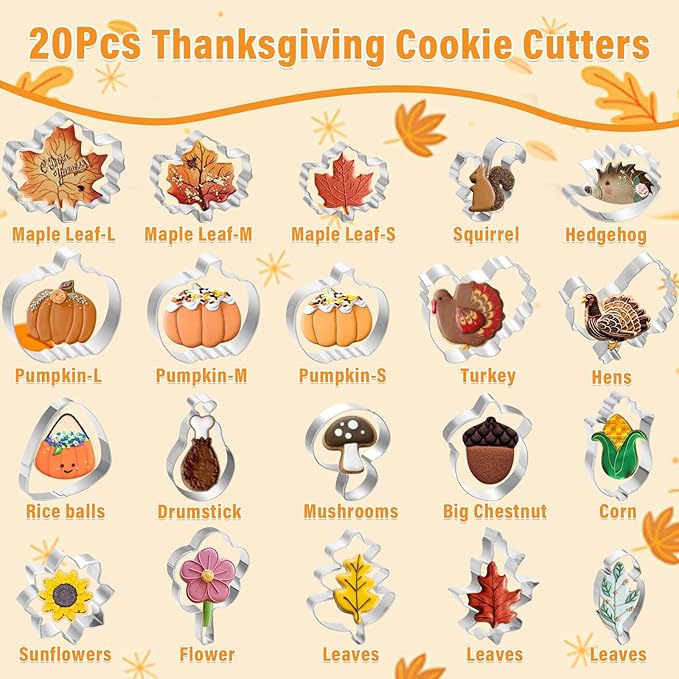 Lezmarket 20Pcs Fall Thanksgiving Cookie Cutters Set, Holiday Cookie Cutters Stainless Steel Baking Supplies for Thanksgiving Cookie Sandwich - Pumpkin Maple Leaf Flower Squirrels Turkey Corn