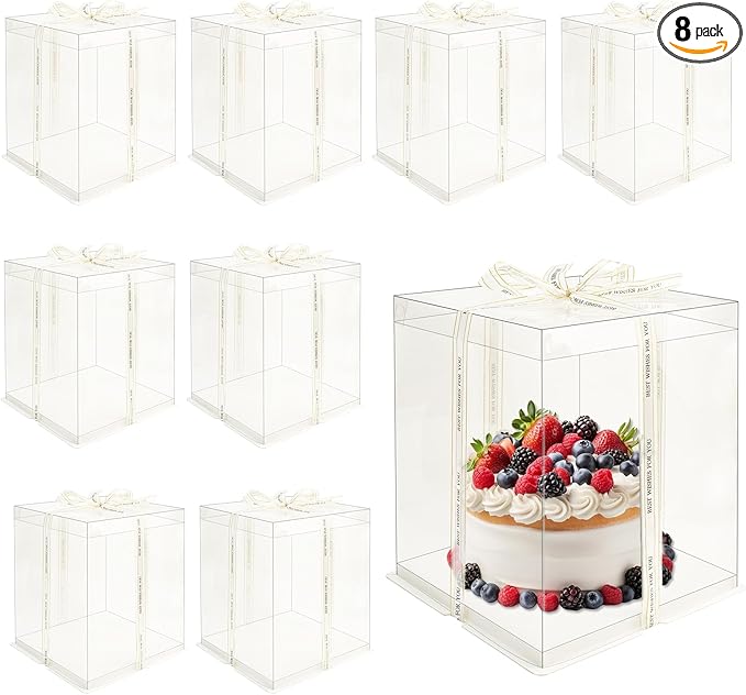 8 Pcs 10x10x12Inch Clear Cake Box with Ribbon, PET Tall Cake Boxes, Clear Gift Boxes for 8 Inch Cake, Bakery Transport Container, Transparent Display Box for Birthday Wedding Party