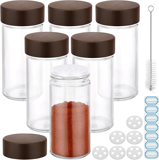 Segarty 3oz Spice Jar with Wood Lids, 6 Pack 90ml Glass Round Condiment Jars with Lids, Clear Empty Seasoning Containers Cereal Containers Storage Set, Small Spices Bottles with 7 Stickers, 1 Brush