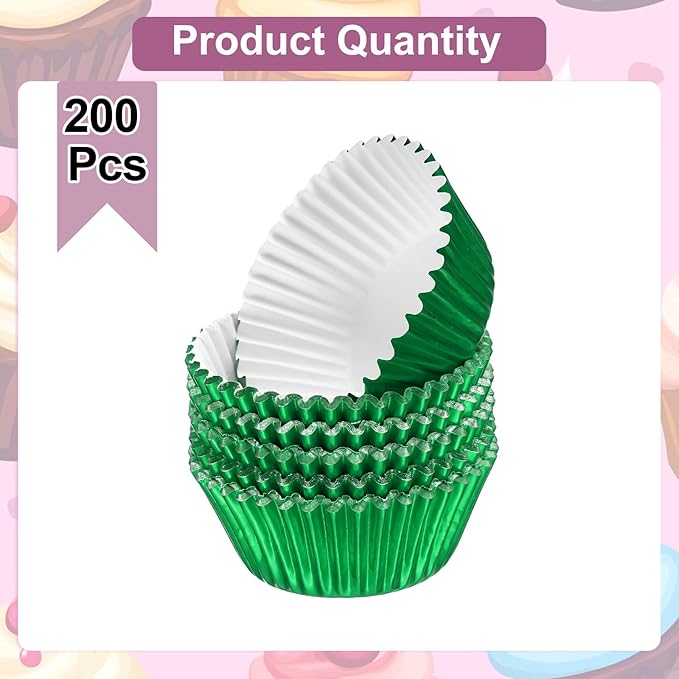 HARFINGTON 200 Count Green Foil Muffins Cupcake Liners Standard Size Metallic Baking Cups Wrappers Greaseproof for Party Wedding Birthday