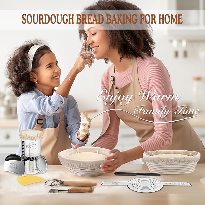 Sourdough Starter Kit, 9'' Round Banneton Proofing Basket, 36oz Sourdough Starter Jar, Bread Lame, Dough Scraper, Dough Whisk & Silicone Bread Sling