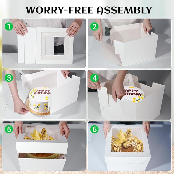 15 Pcs 10x10x8 Inch Tall Cake Boxes with Window, White Square Cheesecake Bakery Boxes, Large Cardboard Cake Baking Boxes with 90 Stickers for Cakes, Pies, Wedding, Birthday Party