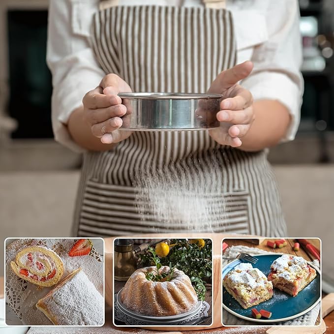 Flour Sifter 6 inch Flour Sieve, 60 Mesh Sieve, Stainless Steel Flour Sifter for Baking Straining Powdering with Dough Scraper,Measuring Spoon Set, Sieve Fine Mesh, Best Baking Lovers' Gift