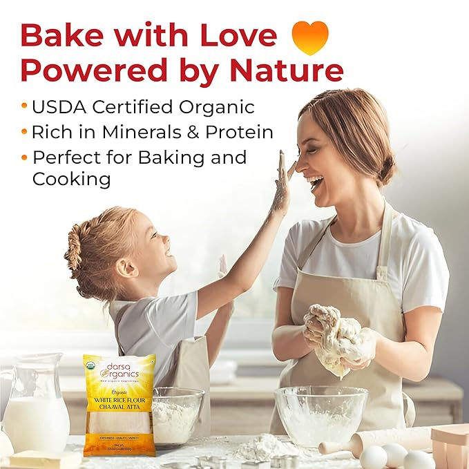 Darsa Organics White Rice Flour - Premium Organic, USDA Certified, Non-GMO, Gluten-Free Rice Flour Powder for Baking & Cooking, Chemical-Free, Long Shelf Life, Food Grade Pouch - 2 lb (908g)