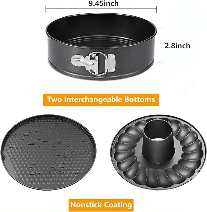 Round Bundt Springform Cake Pan: 9 Inch Springform Pan, 2 in 1 Cheesecake Pan with Removable Bottom & Quick-Release Latch, Non-Stick Carbon Steel Tube Pans for Baking（24cm