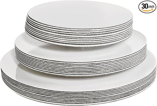 ONEMORE 30-Pack White Cake Board Rounds,Circle Cardboard Base Boards, 8, 10 and 12-Inch. Perfect for Cake Decorating, 10 of Each Size (White,30)