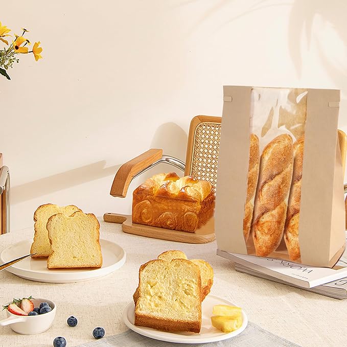 100 Pack Paper Bread Loaf Bakery Bags with Window 13.8x8.3x3.5 Inch Kraft Sourdough Bread Baking Bags for Baked Food Packaging Storage