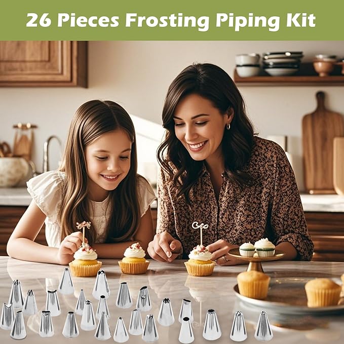 Hendiy Piping Tips, 26 Pieces Frosting Piping Kit Stainless Steel Icing Tips, Pastry Tips for Cake Decorating with Reusable Piping bag and Coupler
