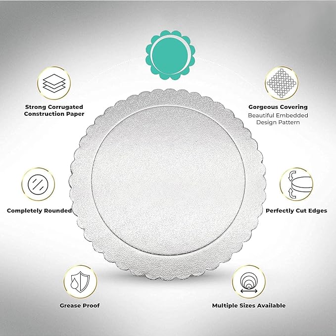 Goiio 4 Pack Cake Boards, Scalloped Cake Circle Base, 6, 8, 10, 12 Inch Cake Base Cardboard 1 of Each Size Set for Baking Cake, Silver