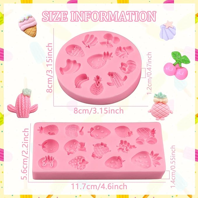 Fruit Fondant Molds for Cake Decorating 2 Pcs, Mini Strawberry Pineapple Banana Candy Chocolate Silicone Mold for DIY Cupcake, Sugar Craft, Flower Paste, Marzipan, Mousse, Sick Cookies, Clay, Resin
