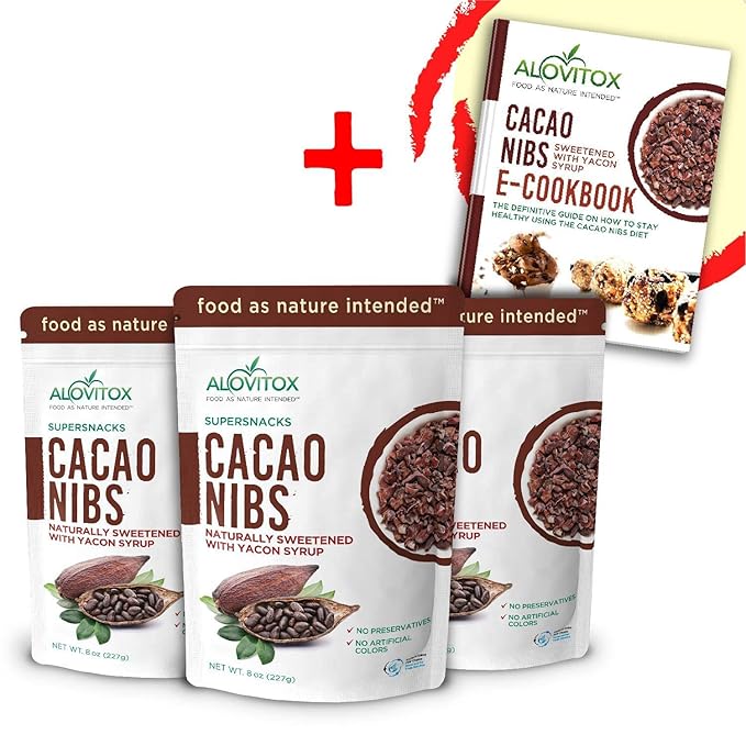 Cacao Nibs Naturally Sweetened with Yacon Syrup | Raw Organic, Sugar Free, Keto, Paleo and Vegan Friendly | Antioxidant and Protein Rich Criollo Chocolate Snack by Alovitox | 24 oz (3 x 8 oz)