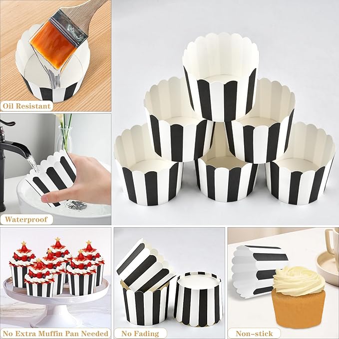 200 Pcs Black and White Cupcake Liners, Paper Baking Cups, Greaseproof Muffin Liners, Elegent Cupcake Muffin Cases, Disposable Cupcake Wrappers for Baby Shower Birthday Themed Party