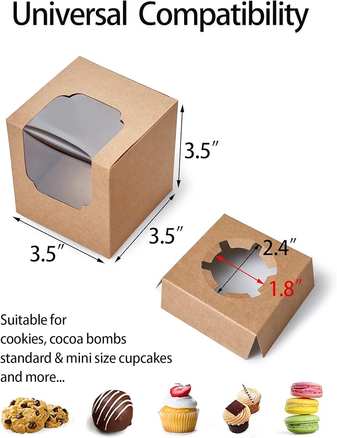 Kraft Cupcake Boxes Brown Individual 200 CT with Insert and Clear Window for Baby Shower Birthday Party Favor
