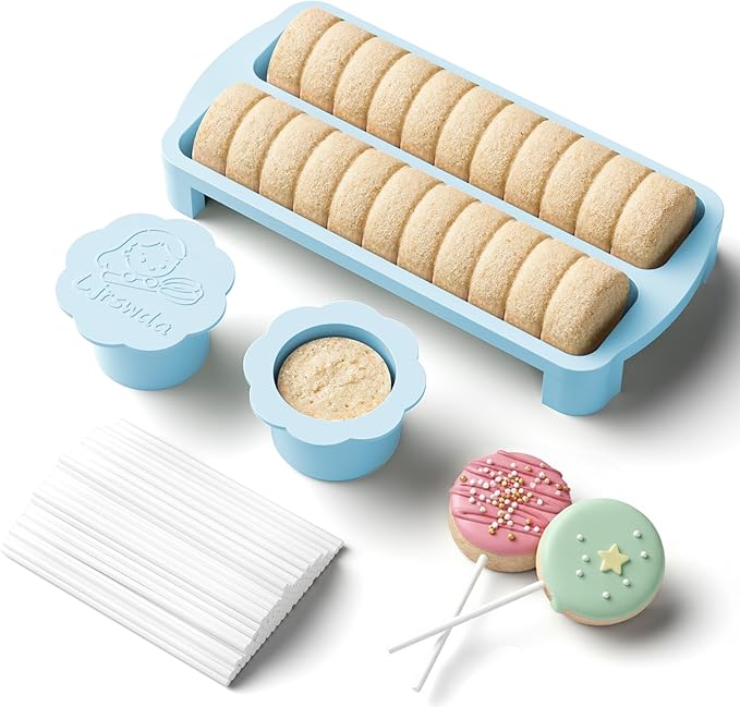 Cake Pop Cutter and Pusher Kit with Non-3D Printed 1.75” Round Cake Pop Mold, High-Capacity Dual-Cavity Cake Pop Tray, Set with 100 Pcs Cake Pop Sticks, Dishwasher Friendly | Blue