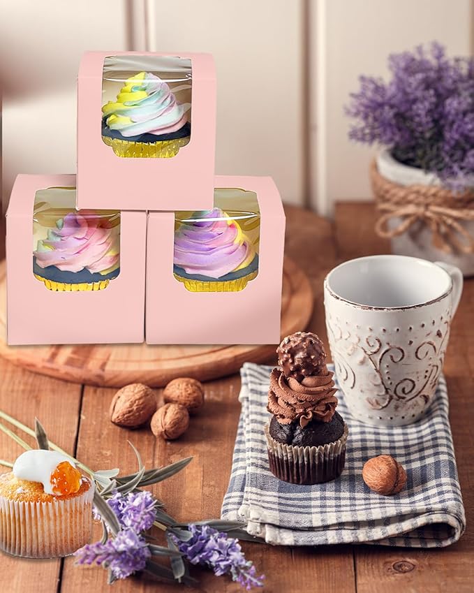Bakepacker Auto-pop up Cupcake Boxes 100-Packs Individual Cupcake Container Pink 3.5" x 3.5" x 3.5" Single Cupcake Boxes