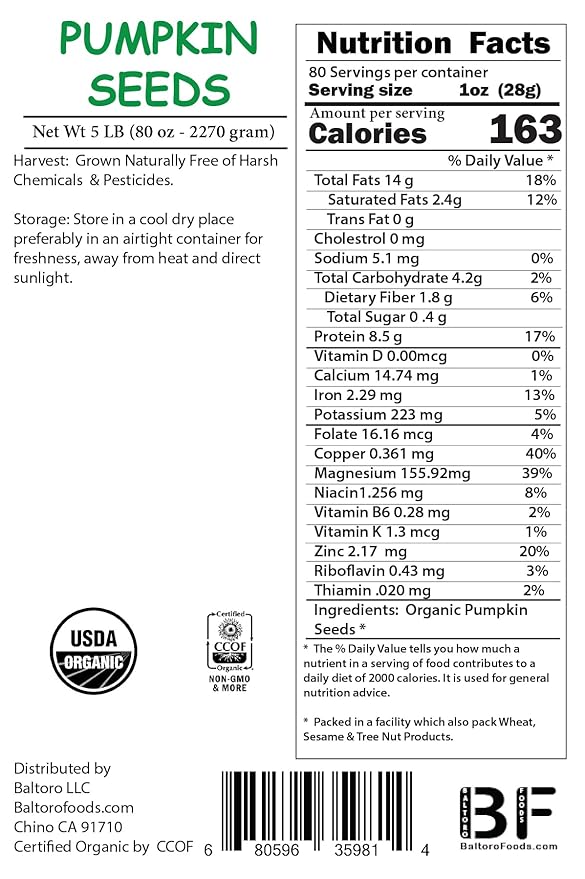 Organic Pumpkin Seeds- Raw, Non-GMO, No shell Unsalted Vegan Bulk (3LB)