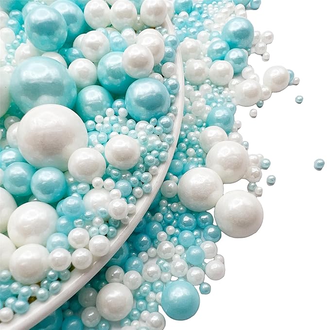 SE Si&Moos White and Light Blue Pearl Sprinkles for Cake Decorating Edible Cake Cookie Pearls Cupcake Decorations Baby Blue and White Sprinkles for Cake, Cupcake, Cookies Party Holiday Christmas Supplies 3.5 OZ