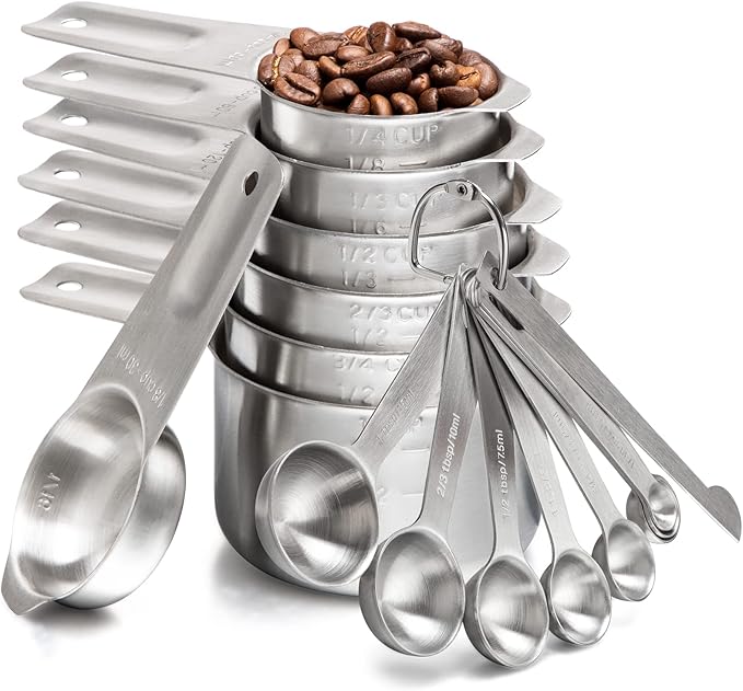 Measuring Cups and Spoons Set Stainless Steel 7 Stackable Measuring Cups 8 Nesting Measuring Spoons and 1 Leveler for Dry and Liquid Ingredients