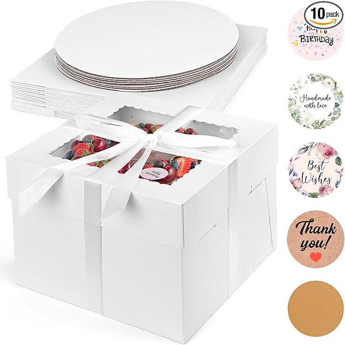 VGOODALL 10 Pack Cake Boxes, 10x10x8 Inches Cake Containers with Window, White Bakery Boxes with Lids for Birthday Party Wedding