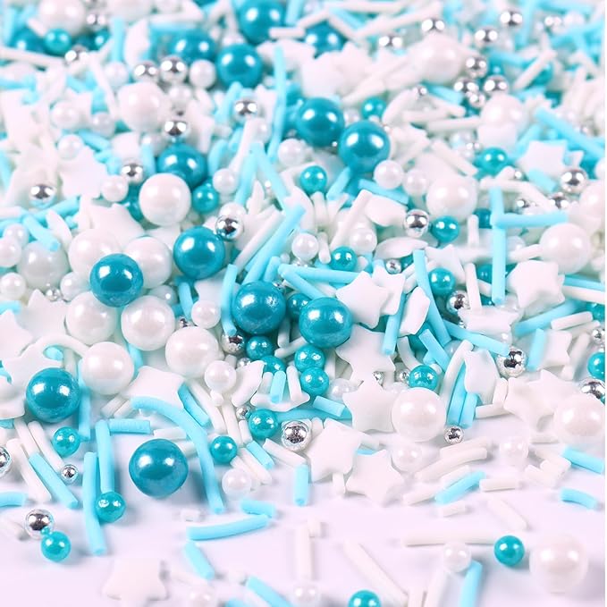 Blue Sprinkles for Cake Decorating, 3.52oz Blue and White Pearl Sprinkles, Bluey Sprinkles for Cupcakes Baking Ice Cream Cookie, Edible Star Sprinkles