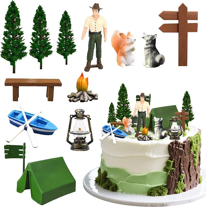 Knana 14Pcs Camping Cake Topper Camping Cake Decorations Camping Theme Decorations for Forest Themed Birthday Party Supplies