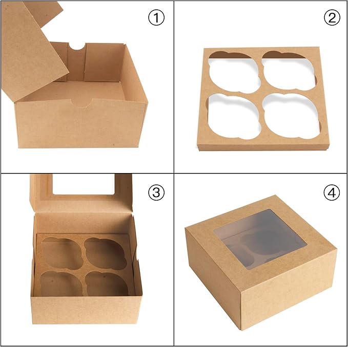 Jotique 6x6x3 Bakery Cookie Boxes with Window, Kraft Paper Cupcake Treat Pastry Food Boxes for Baked Goods 30 Sets