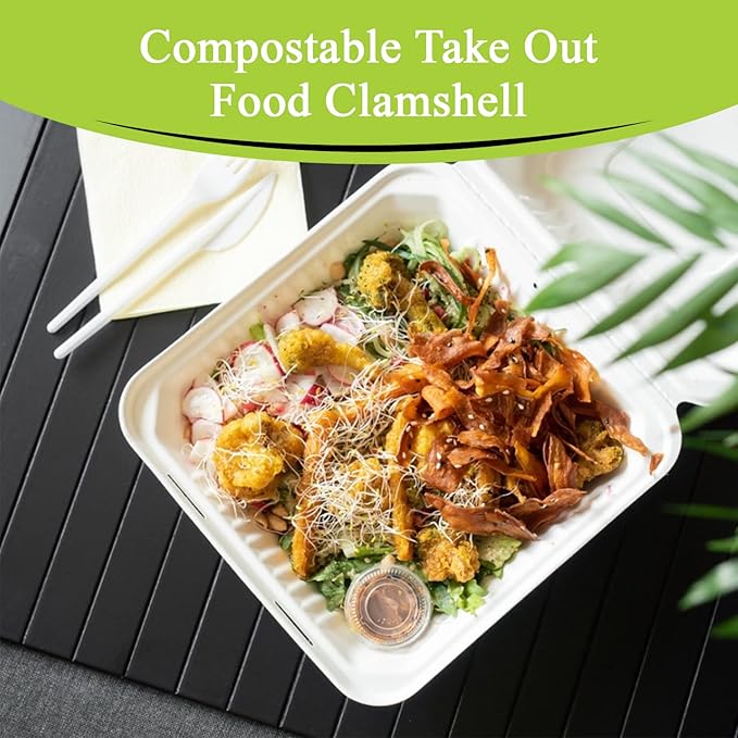 three leaf 9" X 9" 1 COMPARTMENT BAGASSE CLAMSHELL, 100 Ct. Heavy-Duty- Super Strong- Natural- Eco-Friendly Disposable Bagasse Clamshell, 100% Biodegradable 9 inch clamshell