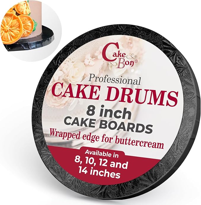 Cakebon Cake Boards - Sturdy 1/2 Thick Drums - 8 Inch Professional Fully Wrapped Edges Black 3-Pack