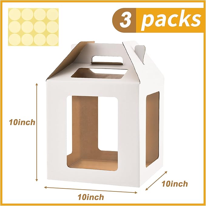Tall Cake Box with Windows, 10x10x10 inches, Handle, Transport Container for Tiered Cakes, White, 3 Pack