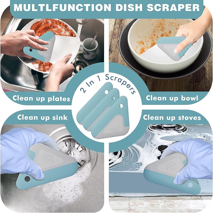 Food Scraper, 2-in-1 Pot and Pan Dish Scraper, Nylon and Silicone, Kitchen Scraper Tools for Cast Iron Skillets, Cookware, Dishes, Pans and Pots, Heat Resistant, Set of 3 - Blue