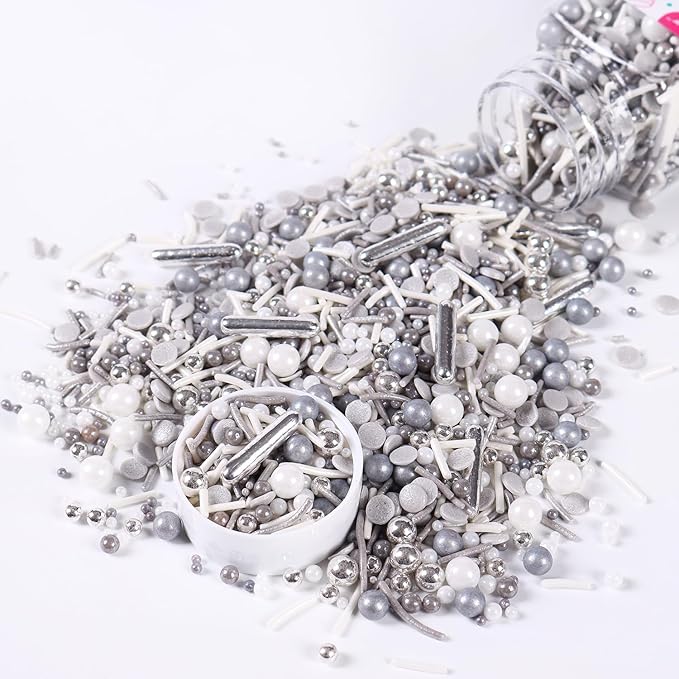 Silver Sprinkles for Cake Decorating, White Silver Sprinkles Mix for Cupcakes Toppers, Ice Cream, Cookie, 3.52oz