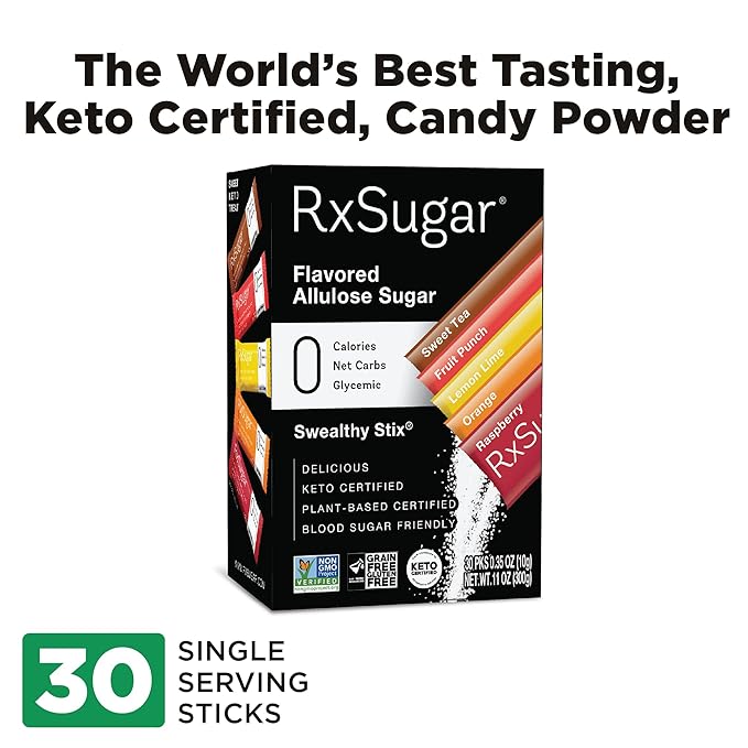 RxSugar Swealthy Stix | 30 Zero Sugar Candy Sticks Packs | Allulose sweetener | 0 Calorie, 0 Net Carbs, 0 Glycemic | Diabetes-Safe | Keto Certified | Non-GMO Project Verified | Gluten-Free Certified | Plant-Based