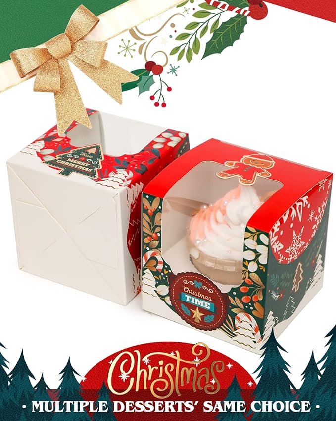 qiqee Christmas Cupcake Boxes 60pcs 3.5x 3.5x3.5 inch Auto-Popup Single Cupcake Container for Christmas(60 Boxes+60 Inserts)