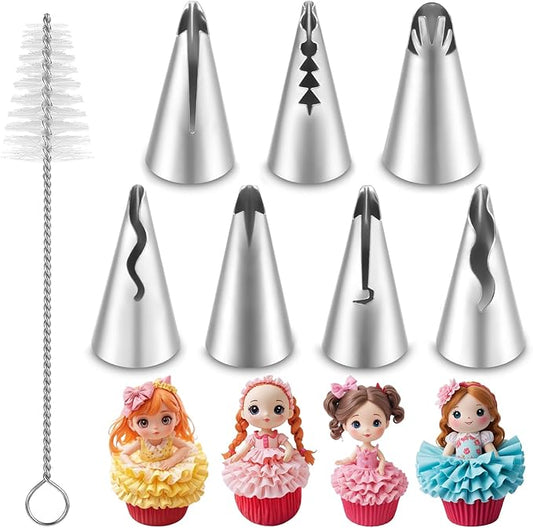 7PCS Pleated Skirt Piping Tips Set, Stainless Steel Cake Decorating Tips Nozzle Piping Set Frosting Icing Tips with Cleaning Brush for Pastry Fondant Cupcakes Cake Decorating