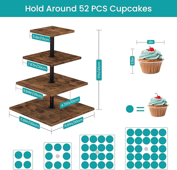 ELITEROO 4 Tier Cupcake Stand, 360 Rotating Cupcake Stand for 50 Cupcakes, Square Tiered Cup Cake Tower Holder, Wooden Dessert Display Stands for Party Wedding Graduation Birthday Baby Shower