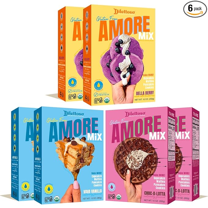Dilettoso's Organic Gluten-Free Oat Flour Baking Mix | Variety Pack: Vanilla, Chocolate, and Wild Blueberry | Pancakes, Waffles, Cupcakes, Brownies, and Cookies | 10oz AMORE Mix (6 Boxes)