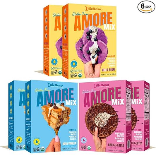 Dilettoso's Organic Gluten-Free Oat Flour Baking Mix | Variety Pack: Vanilla, Chocolate, and Wild Blueberry | Pancakes, Waffles, Cupcakes, Brownies, and Cookies | 10oz AMORE Mix (6 Boxes)