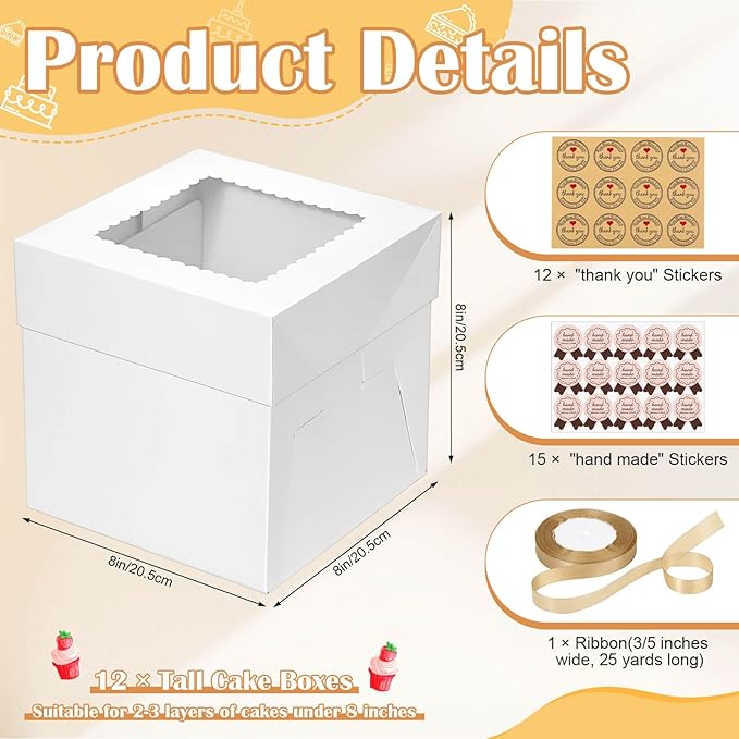 Audab 12 Pack Cake Boxes 8 Inches, Disposable Cake Transport Container with Label Stickers and Ribbon, White Bakery Boxes with Large Window for Gifting(8×8×8 Inches)
