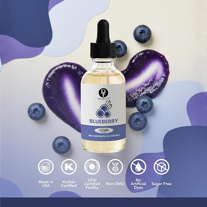 Dolce Flav Blueberry Extract – 2 Ounce Oil-Soluble Kosher, Sugar-Free, Concentrated Ripe Blueberry Flavoring for Baking, Chocolates & Desserts, Includes Measured Dropper