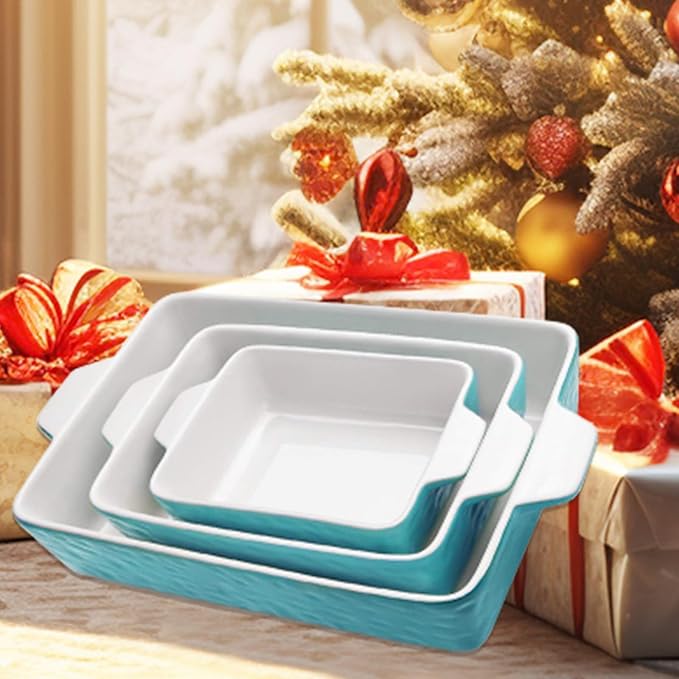 Casserole Dishes for Oven, Ceramic Baking Dishes, Lasagna Pan with Handles, Porcelain Baking Pan Deep, Bakeware for Baking, Cooking, Wedding Gift, Set of 3 (11.6" x 7.8", Aquamarine)