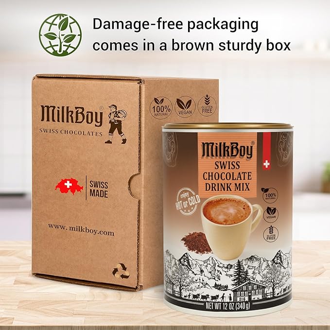 Milkboy Swiss Chocolates Gluten Free Hot Chocolate Mix for Cold or Hot Cocoa - Kosher, Vegan, Gourmet Swiss Chocolate Drink Mix, Made in Switzerland, Rainforest Alliance Certified Cocoa, 12 OZ