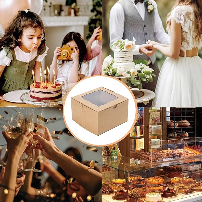 Cookie Boxes with Window 4.5x4.5x3 Inch-50 Pack Premium&Oil Resistant,Brown Bakery Box,Mini Treat Boxes for Mini Bundt Cake and Individual Cheesecakes