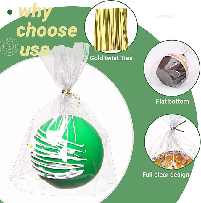 200 Pack 5"×2"x6.5" Cellophane Muffin Bags with Gold Twist Ties & Flat Bottom Food Safe Bakery Packaging for Cupcakes, Brownies, Cookies, Macarons Perfect for Party Favors & Catering