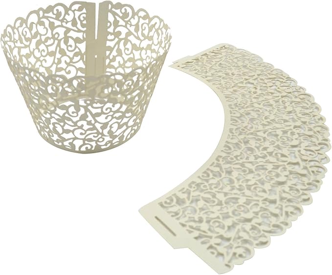 100pcs Cupcake Wrappers Artistic Bake Cake Paper Cups Little Vine Lace Laser Cut Liner Baking Cup Muffin Case Trays for Wedding Party Birthday Decoration (Beige)