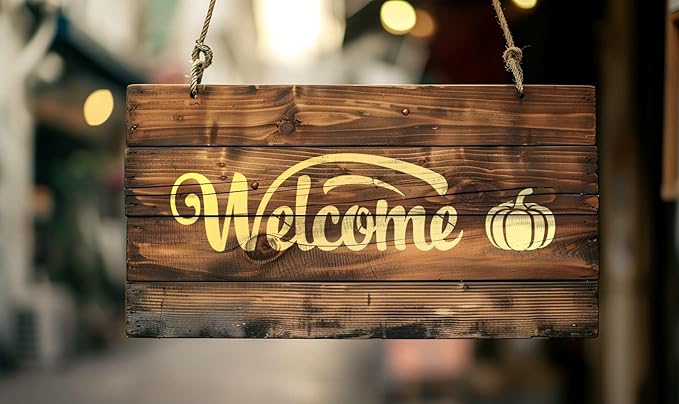 YKW Welcome Sign Stencils Set - 7 Reusable Smiley Paw Templates - Up to 14x5 - Welcome Words, Leaves, Pumpkin - for Porch, Door, Wood, Fabric - DIY Home Decor,Translucent and Soft