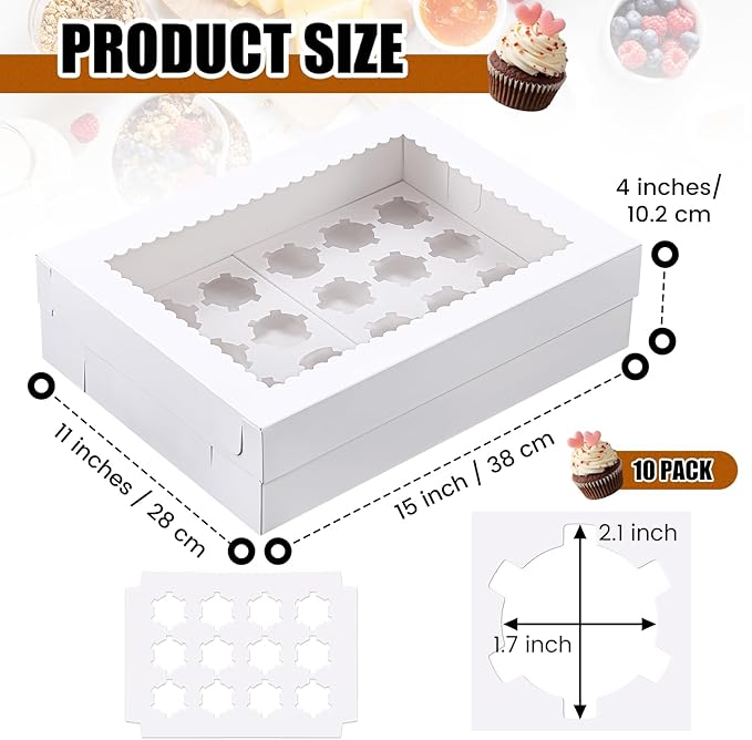 10 Pack 24 Count Cupcake Boxes, Mini Cupcake Containers, 14.9 x 11 x 4 Inch White Disposable Bakery Boxes with Window and Inserts for Birthday Holiday Party Bakery Desserts