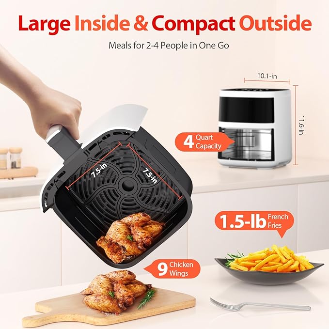 Air Fryer, Beelicious 8-in-1 Smart Compact 4QT Air Fryers with Viewing Window, Shake Reminder, 450°F Digital Airfryer with Flavor-Lock Tech, Dishwasher-Safe & Nonstick, Fit for 1-3 People, White