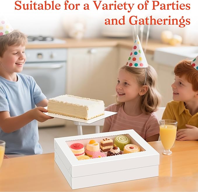 Sudaya 14x10x4 Cake Boxes with Boards, Rectangle Quarter Sheet Cake Boxes, 1/4 Sheet Bakery Box with Window, Disposable Carry Bakery Containers for Cookie, Donuts, Cupcakes, Pie, Wedding, Party