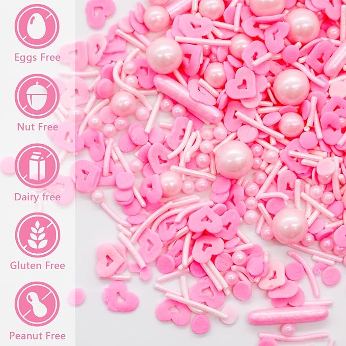 LEBERY Pink Sprinkles Edible Heart Shaped Sprinkle Pink Jimmies for Baking Pastel Pearl Sprinkles Mixed Valentine Sprinkle for Cake Decorating Cookie Ice Cream Donut - 3 oz